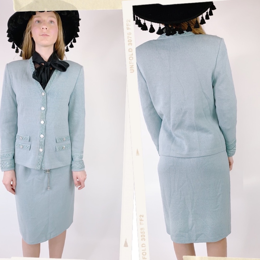 Vintage St. John Blue Rhinestone Sweater Skirt Set